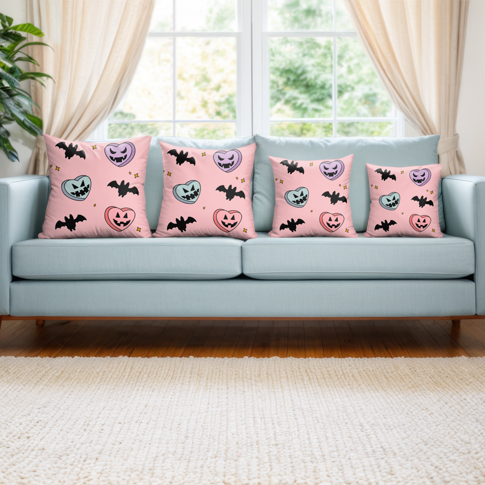 Pumpkin Candy Hearts And Bats Pillow Cover