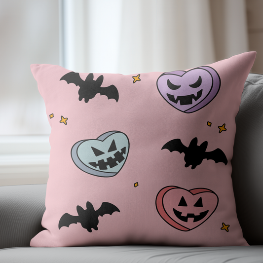 Pumpkin Candy Hearts And Bats Pillow Cover
